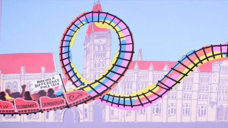 Illustration of a colorful roller coaster in front of a grand historic building with red roofs, resembling the University of Manchester
